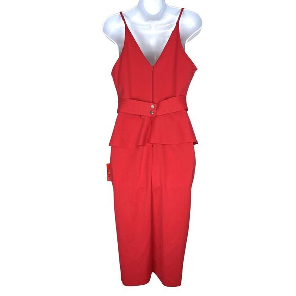 ASOS Soft Ruffle Peplum Red V-Neck Knee Length Belted Pencil Dress size 10 - Picture 3 of 5